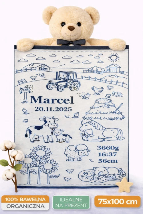 Pluszowy miś trzyma kocyk z farmą.png